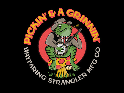 Pickin' & A Grinnin' badgedesign banjo bluegrass frog graphic design illustration mushroom screenprint texture traditional tattoo tshirt design typography vector