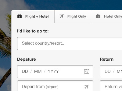 Flight Search 2 box country depature entry field flight form forms hotel resort return search