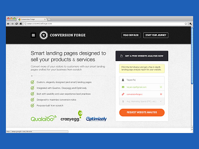 Conversion Forge Preview bold conversion conversions cro dark design detail form free report gray landing page logos newsletter optimization report sign up textured