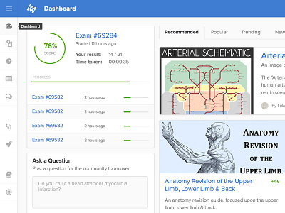 Meducation Dashboard blue cards content dashboard education exams medical menu questions widgets