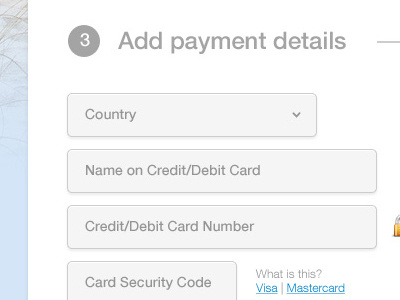 Add Payment Details country credit credit card debit debit card fields mastercard number payment payments security security code text text field visa