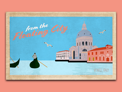 A trip to Venice adventure blue boat buildings city city on water design designs dribbbleweeklywarmup floating city gondola italy man pink postcard seagull travel venice water