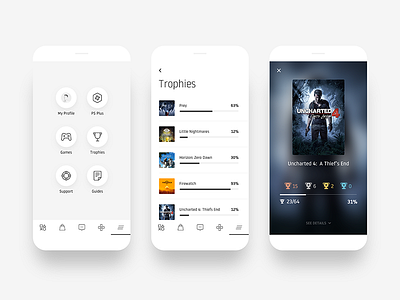 Playstation iOS App - Navigation and Trophies app concept games interface ios minimal playstation redesign sony trophies ui white