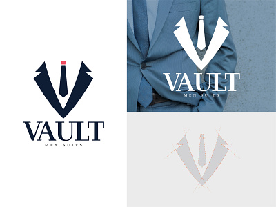 VAULT logo concept alphabet blue character cloth creative creativity design different illustrator letter logo red suit suits tie v logo vault vector