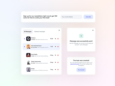 Dribbble Promotion Service - UI Components card clean component dashboad design finance gradient interface mail messages modal window newsletter notification service ui ui components ui elements ux