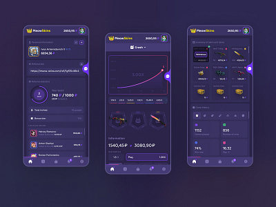 Meow Skins GG Mobile - Online Game Casino app casino chat crash csgo dashboard app esport gambling game gaming history information inventory ios mobile ui panel profile referrals ui ux