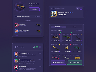 Meow Skins - Casino UI Elements & Components card casino chat ui clean component cs:go dark ui dashboad dashboard gambling game gaming giveaway interface inventory messages modal window profile ui components ui elements