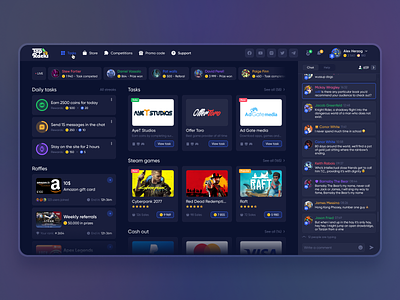 TapRacks - Dashboard Design chat competitions dashboad feed game gaming gaming dashboard interface live feed market news platform project raffles shop store tasks ui ux website