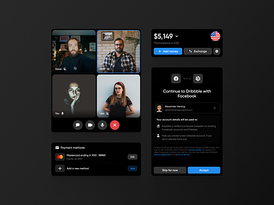 Random UI Elements/Components add money authorization balance connection credit card dark ui dashboad interface log in modal money exchange payment payment method ui ui components ui elements ux verification video call voice chat