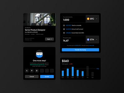 Random UI Elements/Components bars bitcoin calendar code crypto dark ui dashboad email fee interface job finder job role money exchange money transfer statistic stats transaction ui ux verification