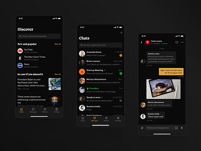 Pure - Messenger UI Kir for Figma article cell chat clean dark ui design discover figma interface message messaging messenger photo search tab bar ui ui kit users ux voice
