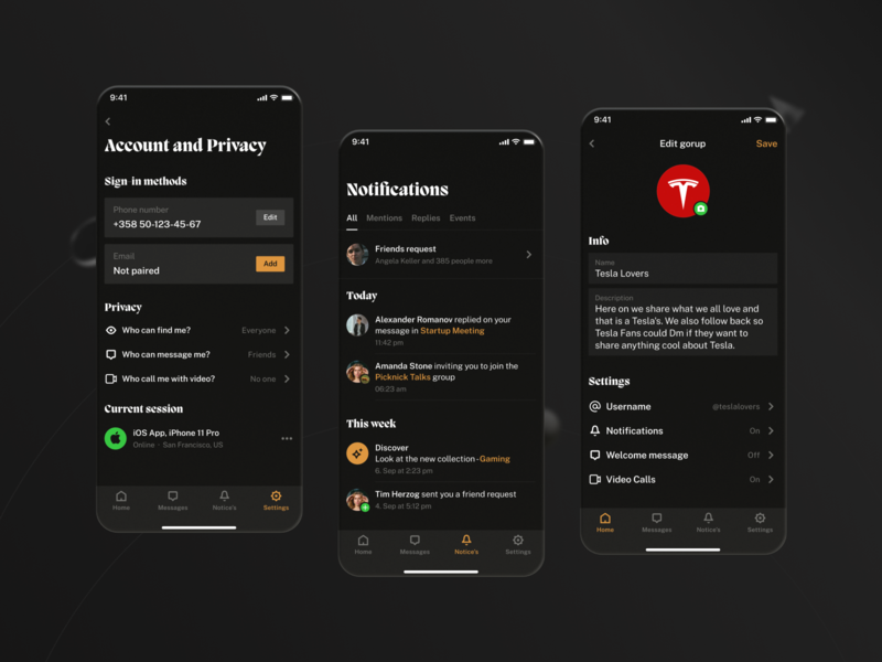 Pure - Messaging UI Kit for Figma account app changes chat dark ui design edit group info messenger mobile notice notifications privacy session settings ui ui elements updates ux