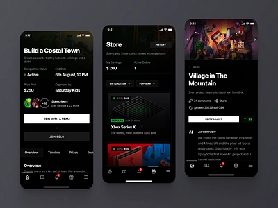 Ender - Mobile Designs challenge competition crypto dark ui education game gaming kids minecraft mobile mobile app nft overview platform project shop slider startup store ui