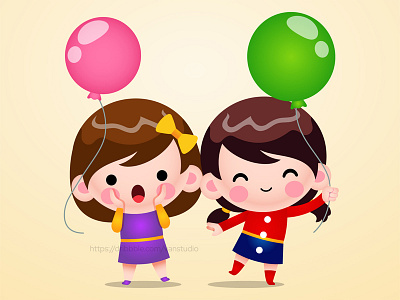 Cartoon Two Cute Little Girl Holding Balloon Vector balloon design illustration kids mascot vector