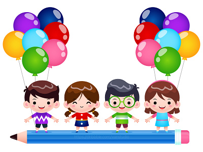 Cartoon Four Children Riding On Flying Pencil balloon children childrens illustration design girl illustration kids kindergarten mascot pencil preschool student vector