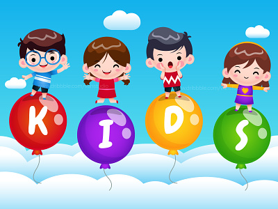 4 Happy Kids On Flying Balloon In The Sky balloon cartoon design girl illustration kids man mascot student vector