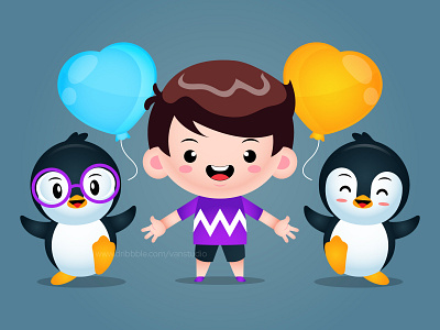 Cute Boy And Penguins Illustration balloon boy cartoon childrens illustration design illustration kids mascot student vector