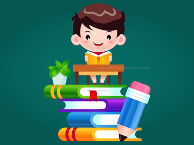 Happy Boy Reading Book On Stack Of Books boy cartoon children childrens illustration design illustration kids mascot student vector