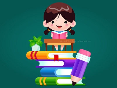 Happy Girl Reading Book On Stack Of Books cartoon childrens illustration design girl illustration kids mascot student vector