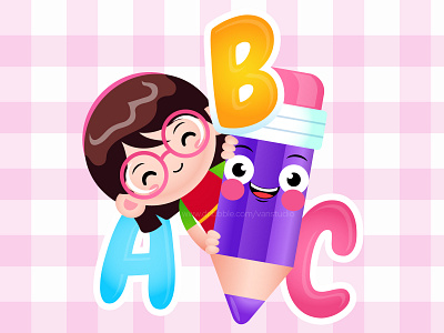 Cartoon Cute Girl Holding Pencil With Alphabet