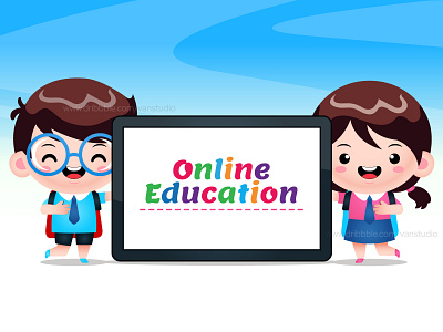 Cute Students Holding Phone Tablet Online Education technology