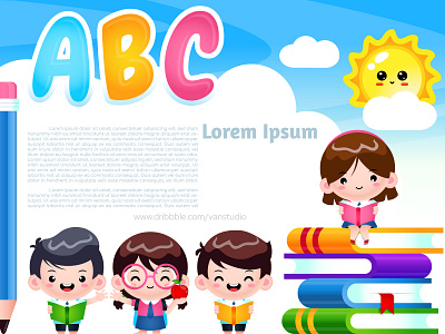 Cute student learning and reading banner Premium Vector cloud pencil sky sun