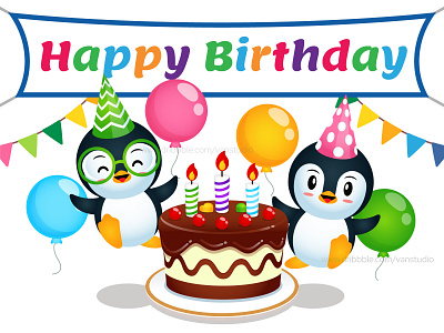 Happy Cute Couple Penguin Around Birthday Cake cake candle couple flag group penguin