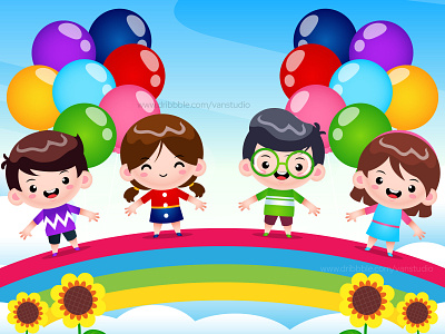 Group Of Kids Standing On Rainbow cloud