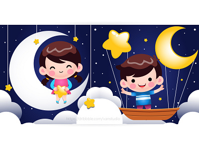 Cute Little Girl Sitting On The Moon And Little Boy children crescent fly moon night star