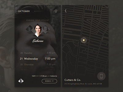 Book a Haircut Appointment app calendar dark ios location map masculine mobile reservation scheduler ui