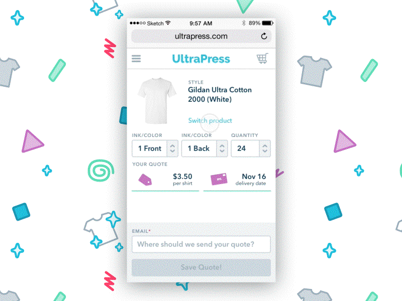 UltraPress Quick-quote for Mobile cart checkout clean ecommerce free quote ios mobile mobile web pattern t shirt ui ux