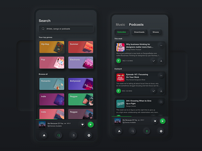 Spotify Neumorphism - Search & Podcasts animation app dark dark mode design gradient listing page music app music player neumorphic neumorphism podcast search skeumorphism spotify