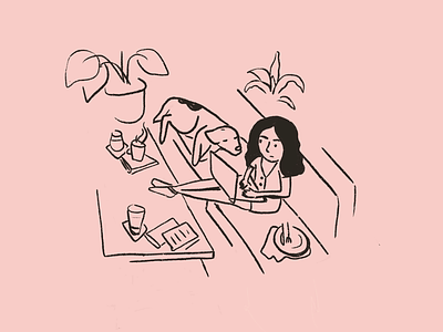 WFH dog drawing freelancing home illustration isolation line nap office pink plants sofa woman work space