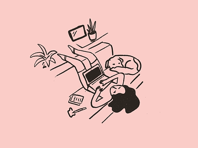 Working from home dog drawing freelancer illustration laptop line sofa wfh woman working from home workspace