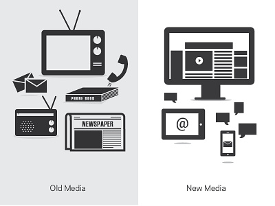 Old Media / New Media advertising evolution icons marketing media technology vector