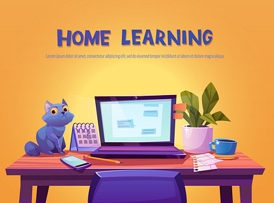 Learning online at home. cartoon cat concept home illustration learning vector иллюстрация