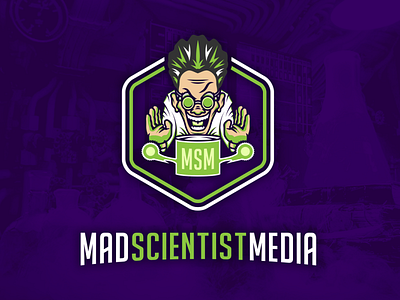Mad Scientist Media logo branding crazy design green illustration lab lab coat logo mad mad scientist media msm.fm podcast purple science scientist typography vector