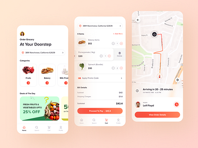 Online Grocery Delivery Mobile App cart gps grocery home live tracking map mobile mobile app on demand online ordering order summary
