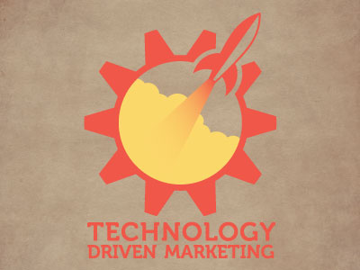 Technology Driven Marketing blast off gear gradient illustration logo orange retro rocket tech