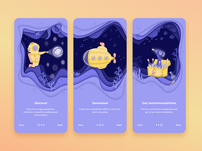 Onboarding flow for audiobooks app app audiobooks design illustration ui vector