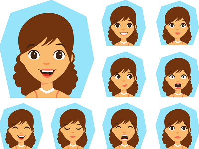 Set of girls' emotions anger character emotion emotional expression face girl happy icon illustration isolated people person portrait sad smile surprise vector woman young