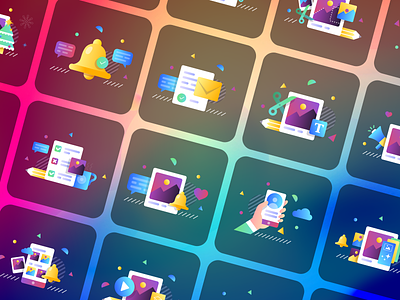 Illustrations for Photo Editing App «Pixomatic» bell branding chat clean cloud colors flat gradient group hand icon illustration like mail pencil set style ui user visual