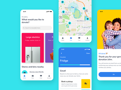 Donnies - Donation App australia branding canada cards charity clean colorful colourful design donation figma home home screen map onboarding sydney ui ui ux ux