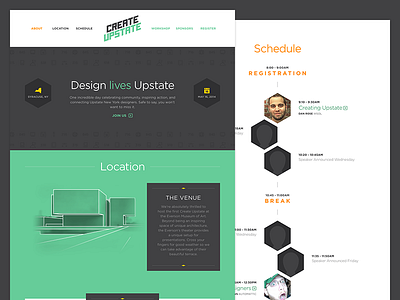 Create Upstate Website conference design gotham gray green hexagon ny orange teal upstate website yellow