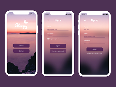 Sleepy | Sign In/SignUp adobe xd iphonex mobile mobile app sign in sign up sleep sleepy