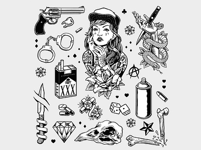 Vectorstock 20103191 design dice face grunge gun hand draw handcuffs hipster illustration ink knife retro skull snake tattoo tattoo art vector vectorstock woman