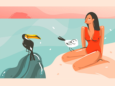 Vectorstock 21143385 beach bird coast illustration modern sketch summer vector vectorstock water woman