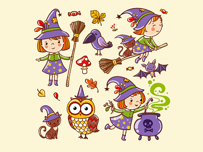 Vectorstock 6303213 bat broom cartoon cat childrens book illustration fall flying halloween illustration leaf mushroom spell vector vectorstock witch witchcraft