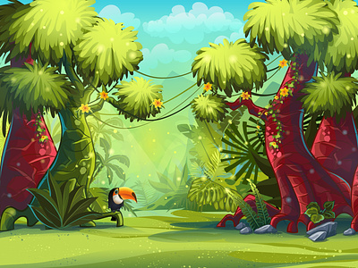 Vectorstock 5584537 app fantasy art game sprite gaming illustration jungle jungle game landscape leafy morning plants sprite sunny toucan tropical vector vectorstock video game wild