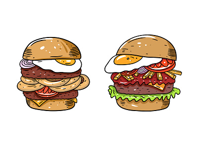 Burgers bread burger cartoon cheesburger cute egg fastfood hamburger illustration meat onion salad sketch tomato vector